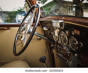 Classic Car Interior. Wheel And Dashboard.