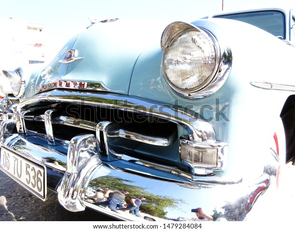 Classic cars and details. Powerful American cars.
Retro and old-style designs. Stylish details and bright textures.
Open-air fair of classic cars. Kırklareli city center, Turkey, July
20, 2019.