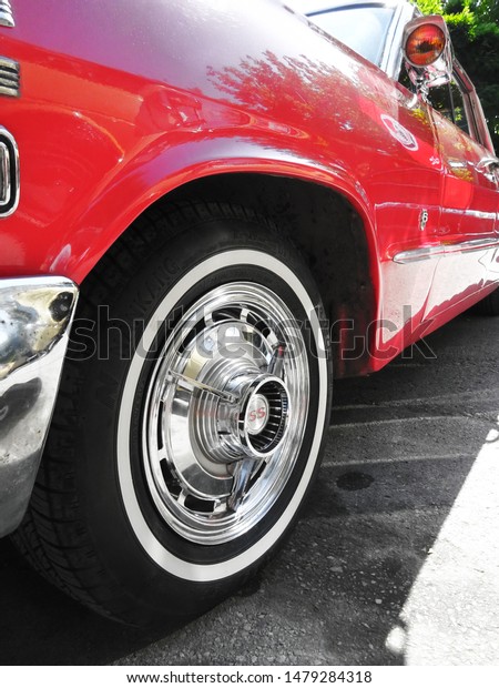 Classic cars and details. Powerful American cars.\
Retro and old-style designs. Stylish details and bright textures.\
Open-air fair of classic cars. Kırklareli city center, Turkey, July\
20, 2019.