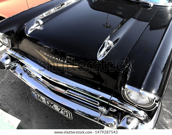 Classic cars and details. Powerful American cars.\
Retro and old-style designs. Stylish details and bright textures.\
Open-air fair of classic cars. Kırklareli city center, Turkey, July\
20, 2019.