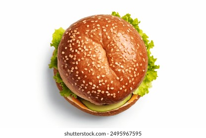 Classic cheeseburger, artfully presented to showcase its mouth-watering layers. The cheeseburger is built upon a sesame seed bun, which is golden-brown and slightly toasted - Powered by Shutterstock