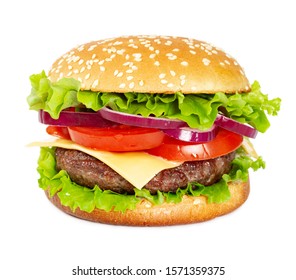 Classic Cheeseburger With Beef, Cheese, Bacon, Tomato, Onion And Lettuce Isolated On White Background.