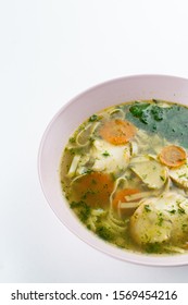 Classic Chicken Noodle Soup With Carrot And Parsley Isolated On White