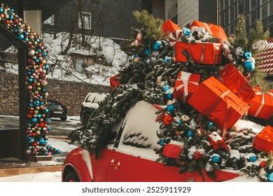 A classic Christmas automobile decorated with bells and garland and loaded with presents. A vintage car decorated for the holidays loaded with festive gifts. Christmas decorated classic car. - Powered by Shutterstock