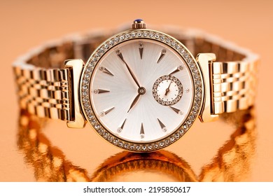 classic chronograph wristwatch. Swiss golden wristwatch. luxury fashion watch stainless steel chrome with geometric dial. Luxury watch. Gold watch. Women watch.  - Powered by Shutterstock