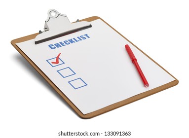 Classic Clipboard With Checklist And Red Pen Isolated On White Background.