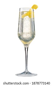 Classic Cocktail French 75 Isolated, Boozy Bubbly Lemon French 75 Cocktail With Champagne On White Background