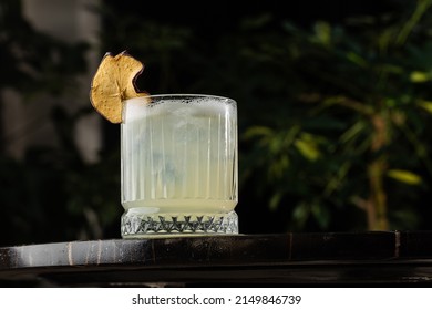 Classic Cocktail Glass On Glass Table In Night Club Restaurant. Alcohol Cocktail Drink Garnish With Apple Chips, Close-up. Modern Alcoholic