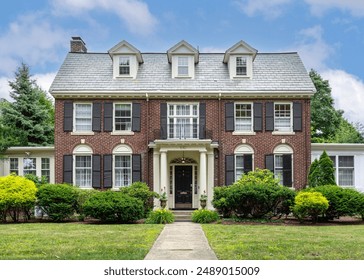 Classic Colonial Revival Two-Story Brick Family House with Symmetrical Design in Newton, Massachusetts, USA - Powered by Shutterstock