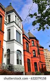 Classic Colorful Architecture On Townhouses And Row Houses In A Washington, DC Neighborhood.