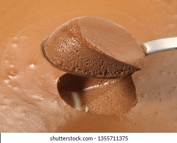 Classic Dark Mousse Au Chocolate Dessert On A Spoon