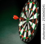 Classic darts with a red dart, on a green plain background