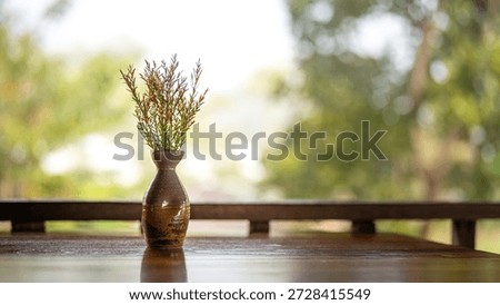 A classic design ceramic ware with greenery grass leaf plant that placed on wooden table. Interior decoration object, close-up with selective focus.