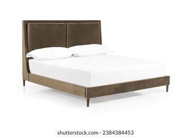 Classic double leather brown bed with big headboard isolated on white