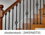 Classic Elegant Wooden Staircase with Intricate Wrought Iron Balusters, Wood Railing and Stairs