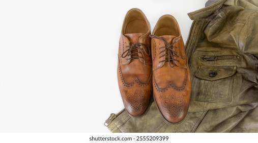 Classic elements of leather outerwear for men. Shoes and jacket made of brown genuine leather on a white background. banner