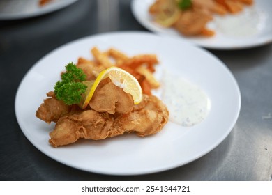 Classic fish and chips served with crispy golden fries and fresh lemon. Traditional British comfort food with a modern twist. - Powered by Shutterstock