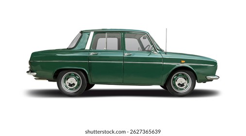 Classic French family sedan car side view isolated on white background