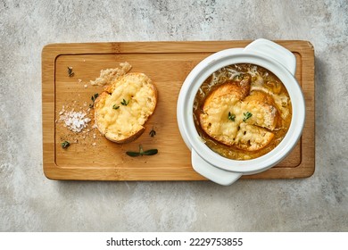 Classic French onion soup in a plate. Selective focus, close-up