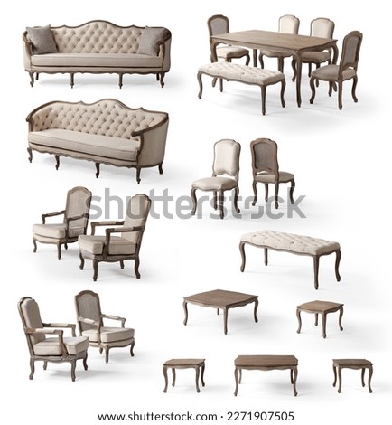 Classic furniture in a separate set isolated on white background . sofa , armchair , coffee table , dining table ,chair