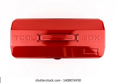 Classic Generic Red Metal Hinged Tool Box Shot In A White Studio From Above.