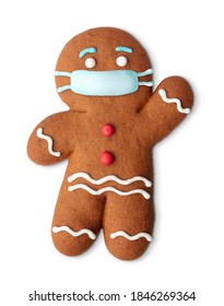 Classic Gingerbread Cookie Man With Medical Mask Isolated On White