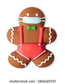 Classic Gingerbread Cookie Man With Medical Mask Isolated On White