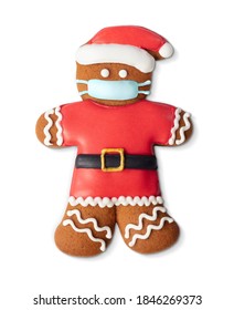 Classic Gingerbread Cookie Man With Medical Mask Isolated On White