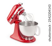 Classic glossy red kitchen mixer for home cooking, appliance from a front view, isolated against a white background. A steel mixing bowl is centered with tilt-head mechanism with whisk 