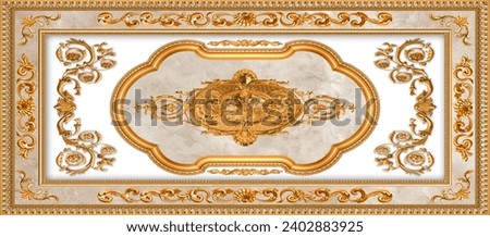 Classic golden frame with ornament isolated on white background. Digital illustration. 3d rendering