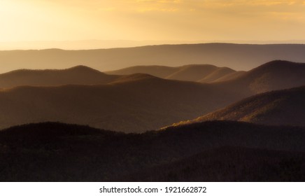 Classic Golden Hour Glow Across The Virginia Piedmont And Rolling Hills Of Shenandoah National Park.