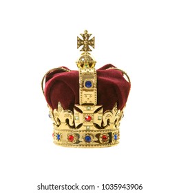 Classic golden an red velvet crown isolated on a white background - Shutterstock ID 1035943906