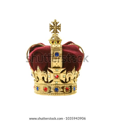 Classic golden an red velvet crown isolated on a white background