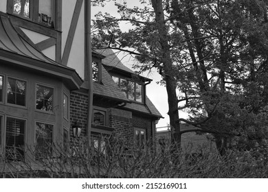 Classic Greek House On A Midwest College Campus In Black And White.