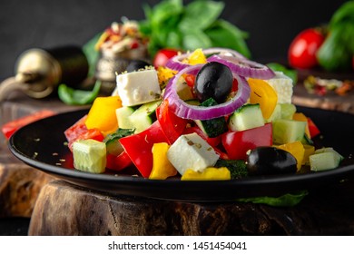 Classic Greek Salad Of Olives, Feta Cheese, Pepper, Tomato, Cucumber, Vegetables