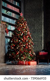 Classic green new year tree in the room with books. Christmas interior background