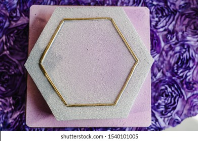 A classic grey cake with geometric pattern decoration. A wedding cake.  Birthday cake. Top view.