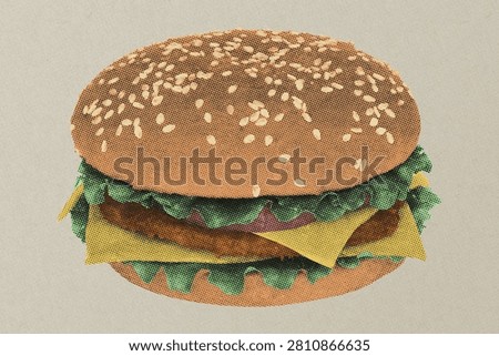 Classic hamburger with cheese and lettuce in Risograph style with a textured vintage print effect, Food graphic element for design