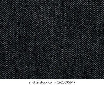 Classic Herringbone Tweed, Black Wool Background Texture. Expensive Men's Suit Fabric. Virgin Wool Extra-fine. High Resolution