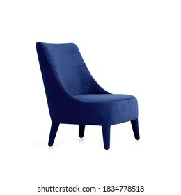 Classic High Back Armchair Art Deco Style In Navy Blue Velvet Isolated On White Background. Series Of Furniture