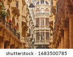 Classic historical antique buildings facades passageway in Albacete. Spain
