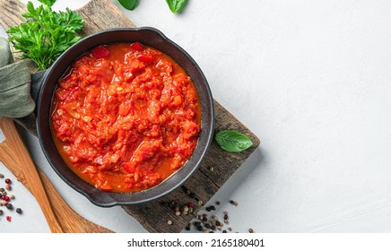 Classic Homemade Tomato Sauce In A Frying Pan. Top View, Copy Space.