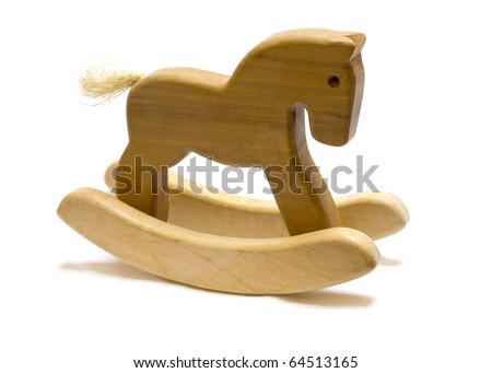 Classic homemade wooden rocking horse on white background.