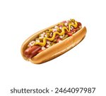 Classic hot dog with a zigzag of mustard on a soft bun isolated