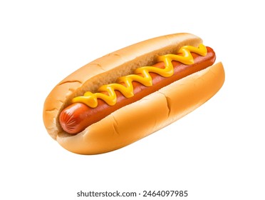 Classic hot dog with a zigzag of mustard on a soft bun isolated