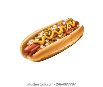 Classic hot dog with a zigzag of mustard on a soft bun isolated - Powered by Shutterstock