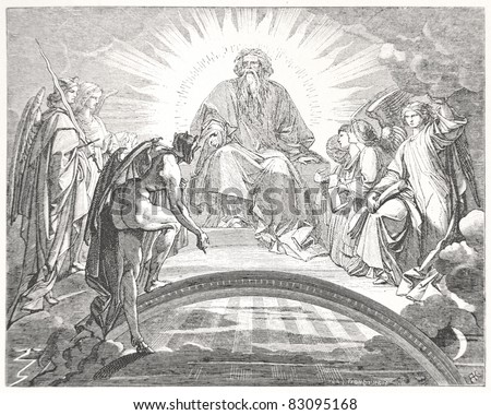 Classic illustration depicting Mephisto in front of God and the three archangels, drawn by August von Kreling in Wolfgang von Goethe's 