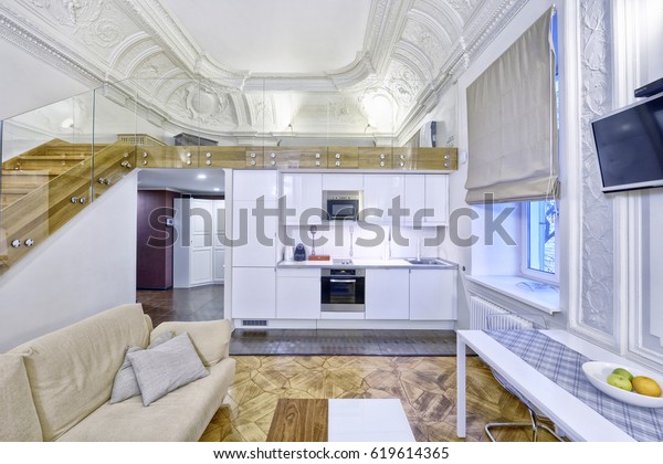 Classic Interior Design Duplex Apartment White Stock Photo