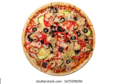 Classic Italian Vegetarian Pizza With Cheese, Mushrooms, Olives, Zucchini And Tomatoes. Isolated On White. Top View