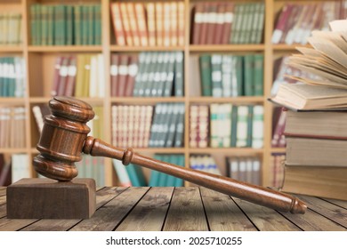 Classic Judges Gavel On Wooden Desk. Law Firm Concept.